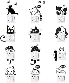 Wall Switch Stickers, Cat Dog Light Switch Stickers Funny Animal Wall Decals for Bedroom Living Room Black 12 Pcs
