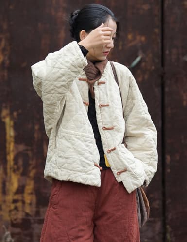 NFYM Women’s Ethereal Cotton Linen Quilted Jacket with Retro Chinese Toggle Closure - One Size in Elegant Linen Color - Image 4