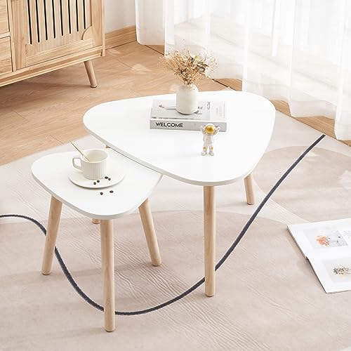 MAYMAR Table Basse Scandinave Gigogne - Tables D'appoint Triangulaires en Bois, Moderne et Minimaliste pour Salon (F - 2 - Blanc)