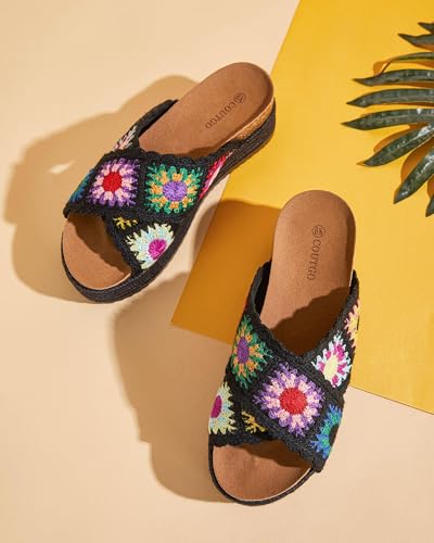Image of Coutgo Womens Platform Espadrille Sandals Floral Crochet Open Toe Slides | 2.2-In Heels, Slip on, Cork Footbed, Cross Wide Strap, Summer Beach Vacation Shoes