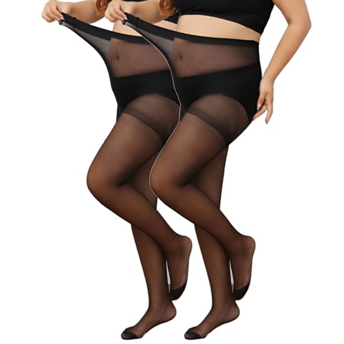 Image of Women's 2 Pairs Plus Size Stockings Control Top Pantyhose Sheer High Waist Plus Size Tights for Curvy Ultra-Soft
