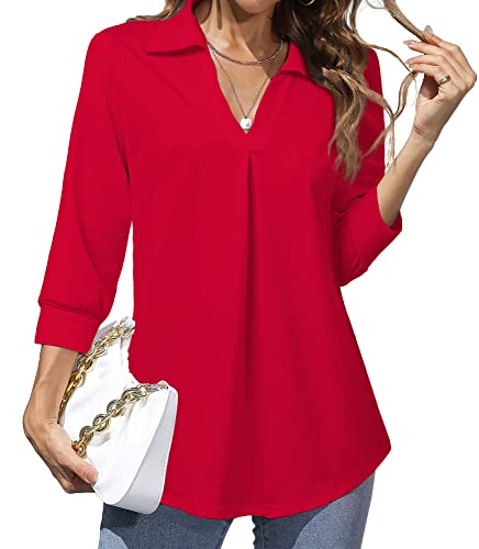 Heat Move Women's 3/4 Sleeve Length Tops Collared V Neck Shirt Dressy Casual Business Blouses for Work Professional (Red, M)