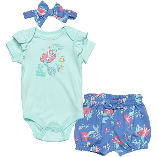 Image of Disney Baby Girls Bodysuit, French Terry Bubble Shorts & Headband 3 Piece Outfit Set Newborn to Infant Sizes (0-24 Months)