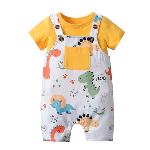 Image of Drenixy Infant Baby Boy Summer Outfit Set Dinosaur Print Short Sleeve Tops and Suspender Shorts, Yellow, 6-9 Months
