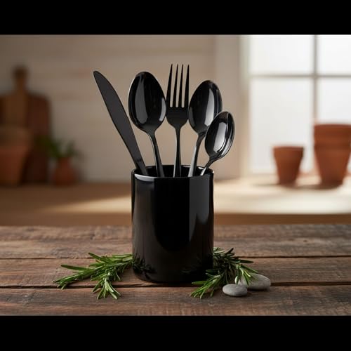 Image of 4 Pcs Black Mirror Polish Stainless Steel Cutlery Set for Dining Table with Spoon and Fork Set & Butterknife - The Perfect Tableware /Flatware