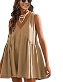 Athlisan Womens Summer Sleeveless Mini Dress Casual Loose V Neck Sundress with Pockets(Khaki-S)