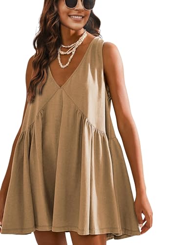 Athlisan Womens Summer Sleeveless Mini Dress Casual Loose V Neck Sundress with Pockets(Khaki-S)