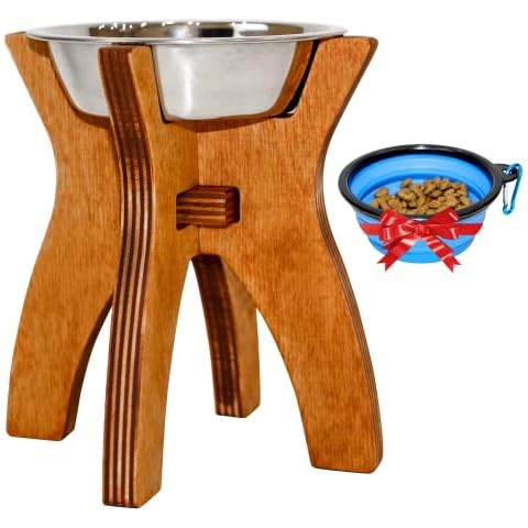 Dog raised bowls - Elevated dog feeder for small dogs - Collapsible 6" Dog bowl stand - Food and Water bowl with wood stand - 1 stainless steel bowl 5 oz included - portable silicone pet feeder in set Cover