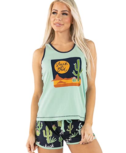 Lazy One Matching Pajamas for Women Cute Pajama Shorts and Tank Top Set Cactus Blue (Stuck In Bed Large)