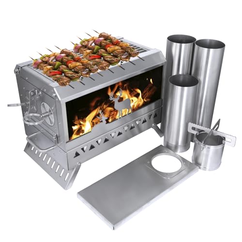 Outdoor Camping Tent Stove Portable Stainless Steel Wood Burning Stove with Chimney Barbecue Net for Outdoor Cooking BBQ Heating & Fishing