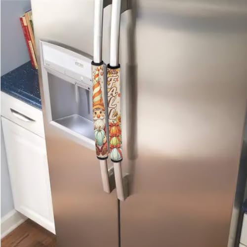 Image of Fridge Door Handle Covers Set of 6 Kitchen Appliance Decor Handles Glove Anti-Slip Protectors Autumn Refrigerator Decor Accessories, Gnome Fall Pumpkin Print