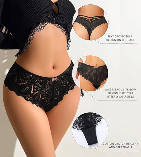 Image of ANNYISON Women's Thongs, T Back Low Waist See Through Panties Cotton Seamless Lace Thongs for Women