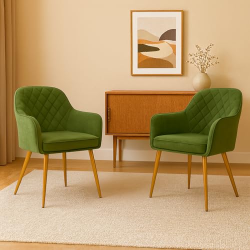 Image of Barfi Velvet Dining Chair | Set of 2 Premium Modern Upholstered Accent Chair with Armrest, Padded Seat and Metal Legs | Comfy Chair for Home, Office & Restaurents | (Parrot Green)