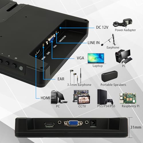 Image of M1020 Portable Monitor 10.1 inch Full HD IPS 1920x1080 400Nits Monitor with HDMI, VGA for Windows 11 /10 /8 /7 PS Xbox Compatible with Raspberry Pi 5 /4 /3 Build-in Speakers VESA Mount