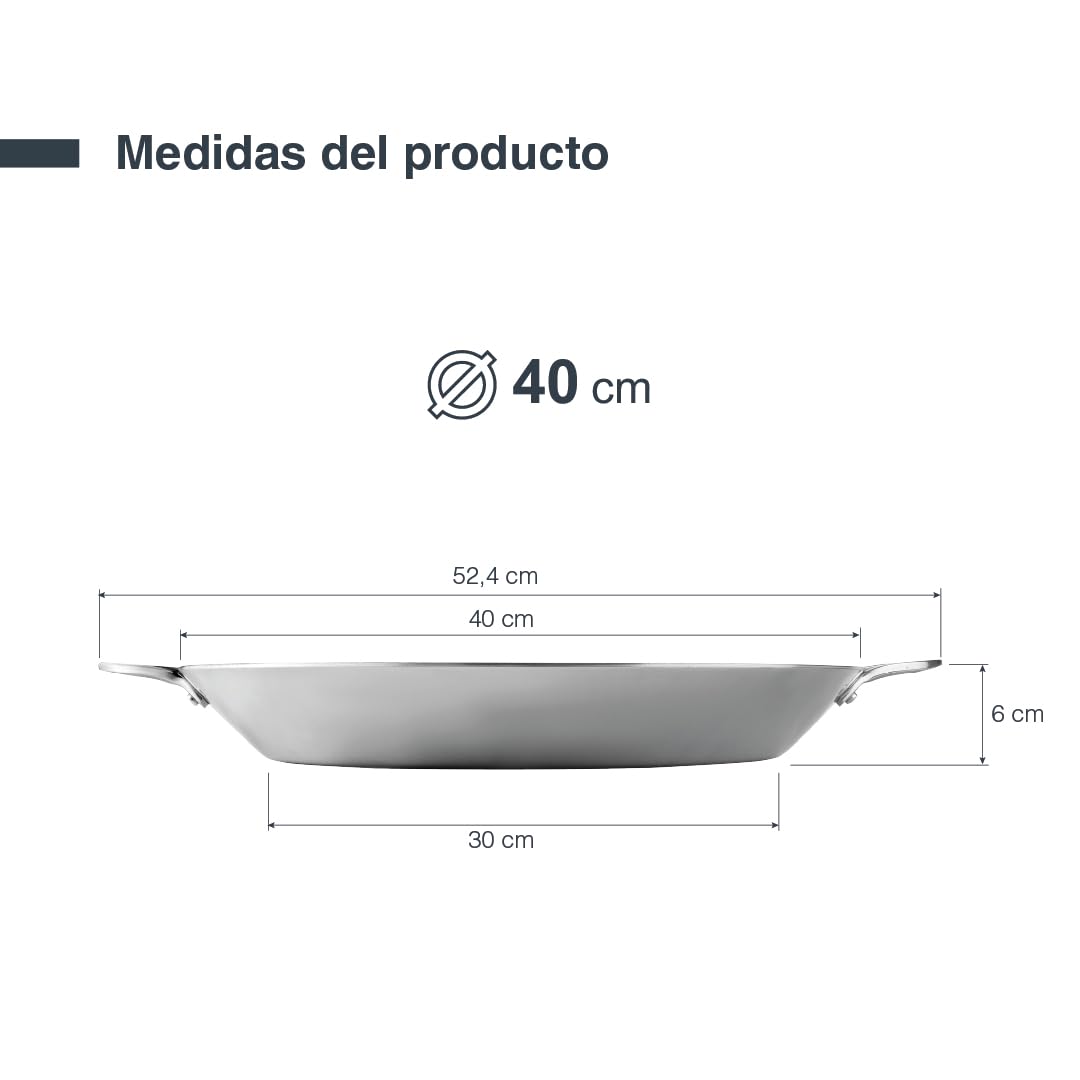 LACOR - 60840 - Paellera Inducción, Paellera Acero Inoxidable TriChef, Tecnología TriCapa, Asas Inoxidables, Inducción y Horno, 7 Raciones, Fácil Limpieza, Lavavajillas, ø de 40 cm y Altura de 6 cm