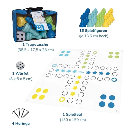 alldoro 60060 XXL Ludo 150 x 150 cm, riesiges Familien-Brettspiel mit 16 großen Spielfiguren & Würfel, für Garten, Indoor & Outdoor