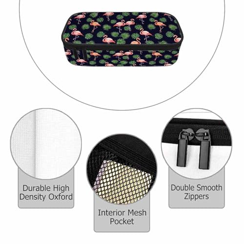 Image of Pink Flamingo Pencil Bag Green Leaves Bird Dot Dark Blue Big Capacity Pencil Case Pencil Pouch Pen Bag School Students Boy Girl