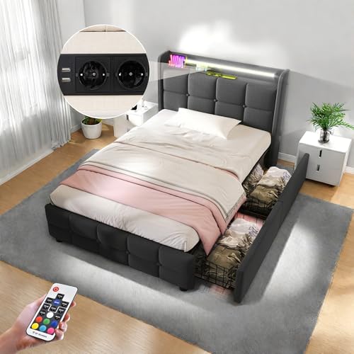 Wyibwy Cama tapizada 90 x 200 cm, cama individual con almacenamiento con función de carga USB e iluminación LED, cama con 2 cajones y cabecero, somier de láminas de madera, lino, gris