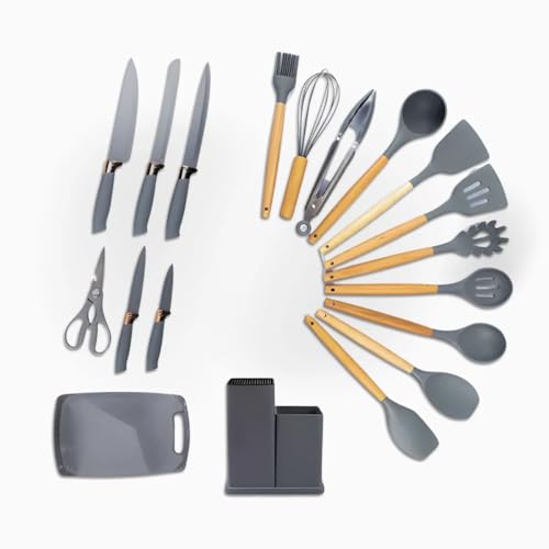 Kit Utensílios De Cozinha Silicone Cabo De Madeira Antiaderente Premium Conjunto 19 Peças Cinza Inox