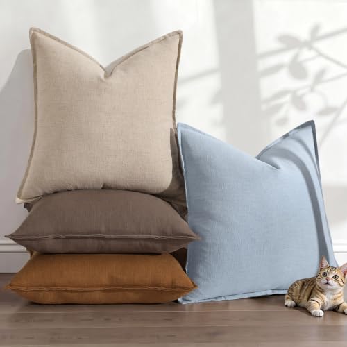 Image of decorUhome Decorative Linen Throw Pillow Covers 12x20 Inch Set of 2 Natural Linen Lumbar Neutral Pillow Covers with Flange Edges Soft Farmhouse Boho Accent Pillow Cases for Couch Bed Living Room