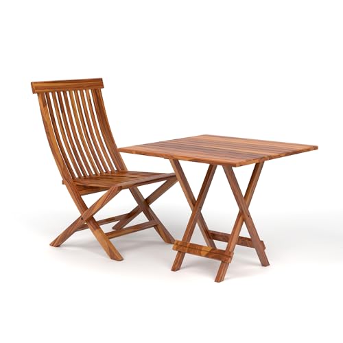 Image of Wooden Patio Seating Chair and Table Set for Outdoor Balcony Garden Furniture Coffee Table with 1 Tables and 1 Chair Set (Honey Finish)