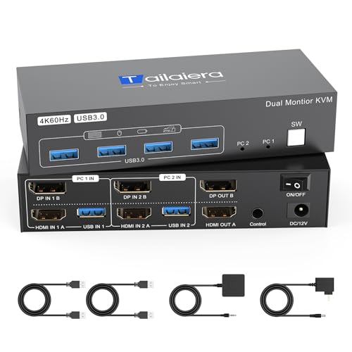 HDMI Displayport KVM Switch 2 Monitors 2 Computers,4K@60Hz HDMI DP