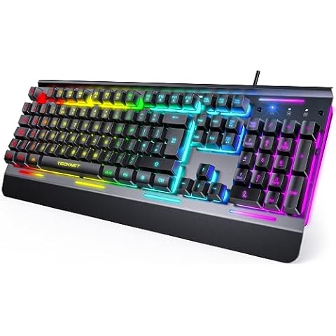 TECKNET RGB Gaming Keyboard, 105 Keys, All-Metal Panel, 15-Zone RGB Illumination, Silent Keyboard with Wrist Rest, 25 Anti-ghosting Keys, IP32 Water Resistance, USB Wired Keyboard for PC, Mac, Laptop Cover