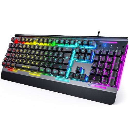 TECKNET RGB Gaming Keyboard, 105 Keys, All-Metal Panel, 15-Zone RGB Illumination, Silent Keyboard with Wrist Rest, 25 Anti-ghosting Keys, IP32 Water Resistance, USB Wired Keyboard for PC, Mac, Laptop