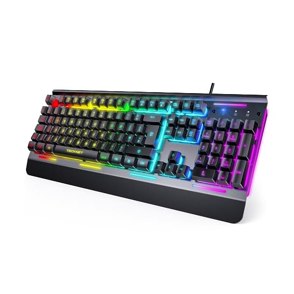 TECKNET RGB Gaming Keyboard, 105 Keys, All-Metal Panel, 15-Zone RGB Illumination, Silent Keyboard with Wrist Rest, 25 Anti-ghosting Keys, IP32 Water Resistance, USB Wired Keyboard for PC, Mac, Laptop