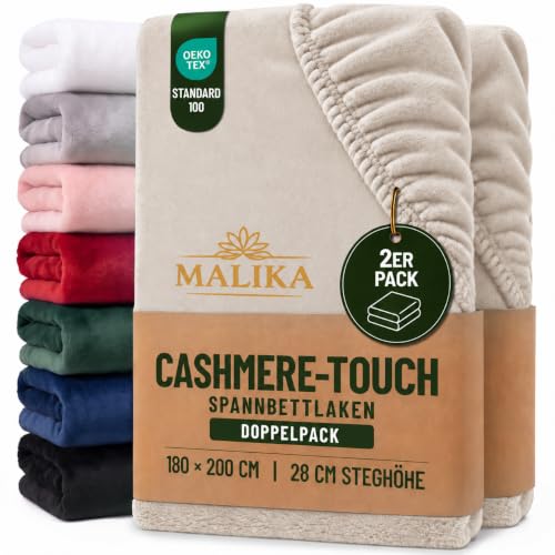 MALIKA® Premium warme Spannbettlaken Cashmere-Touch Bettlaken Jersey Fleece Spannbetttuch Laken, Farbe:Creme, Größe:2er Set 90-100 x 200 cm – Ansicht 1