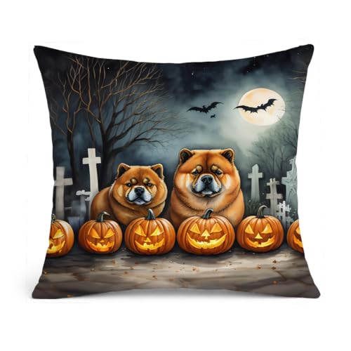 Caroline's Treasures DAC2034PW1818 Chow Chow Spooky Halloween Fabric Decorative Pillow Machine Washable, Indoor Outdoor Decorative Pillow for Couch, Bed or Patio, 18Hx18W