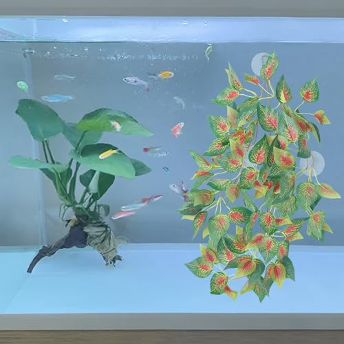 Image of Aquarium Decorations Plants Artificial Fake Plastic Water Grass Plants for Fish Tank Aquarium Decor Artificial Hanging Plants (Red Inside Leaves, 20INCH)