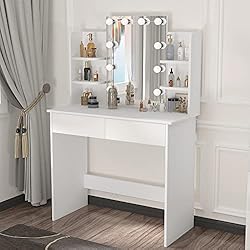 Estanterias Conforama WOLTU Tocador de Maquillaje con Espejo y 10 Bombillas LED Luz Regulable, Mesa de Tocador con 2 Cajones Grandes y 4 Estantes, 90x40x135cm, Mesa de Maquillaje Moderno para Dormitorio, Blanco, MB6096ws