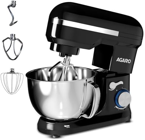 AGARO Royal Stand Mixer 1000W with 5L SS Bowl and 8 Speed Setting I Includes Whisking Cone, Mixing Beater & Dough Hook, and Splash Guard, 2 Years Warranty, (Black)