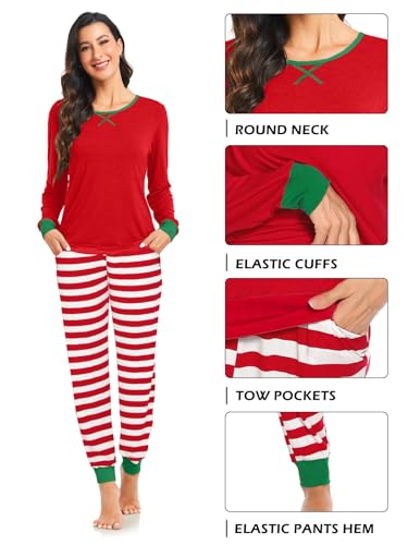 Matching Couple Pajama Set Winter Christmas Modal Sleepwear with Pockets Loungewear Set Red & Green Stripe 2XL4