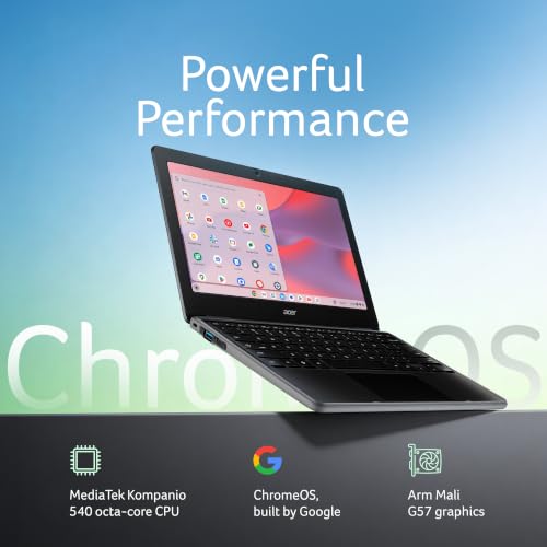 Image of Acer Chromebook, MediaTek Kompanio 540 Octa-Core Processor, 4GB RAM, 64GB eMMC, Full HD, 11.6 inch inch Display, Chrome OS, Black, 1.2 KG, C725, Arm Mali G57 Graphics, WiFi 6E Laptop