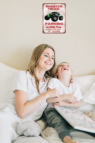 Monster Truck Vintage Metal Tin Signs Boys Room Decor Boy Bedroom Car Poster - Monster Truck Parking Only Violators Will Be Smashed Kids Room Wall Decor Gifts 8X12 Inch #TOP3