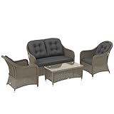 Outsunny 4 Pieces Outdoor PE Rattan Garden Furniture with Cushions, Patio Special Hand Weave Wicker Conservatory Sofa Set with Glass Top Coffee Table, Light Grey
