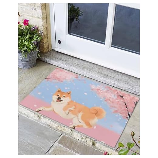 Welcome Mats for Front Door, Japanese Cute Akita Dogs Rugs Non Slip Absorbent Indoor Doormat, Cherry Blossoms Flowers Entrance Rug Washable Floor Mats for Entryway,18x30in