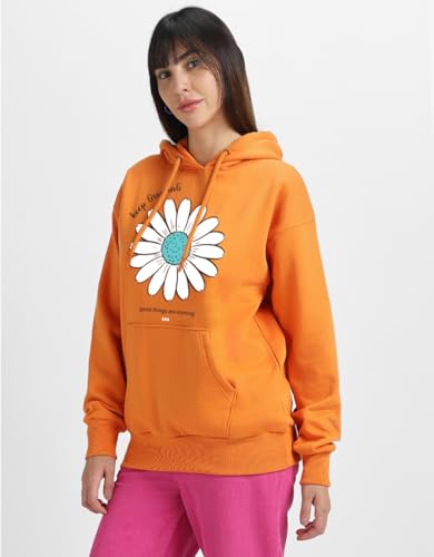 Image of JUNEBERRY Cotton Fleece Regular Fit Hooded Sweatshirt Lastest Back Graphic Printed Winter Hoodies for Women (Available in Colors: Black, SOYA Bean, Orange, Marshmellow, White & Lilac)
