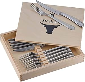 WMF Steakbesteck 12-teilig, Steakbesteck Set für 6 Personen, Steakmesser Set, Steakgabel, Cromargan Edelstahl poliert, Grillbesteck in Holzkiste