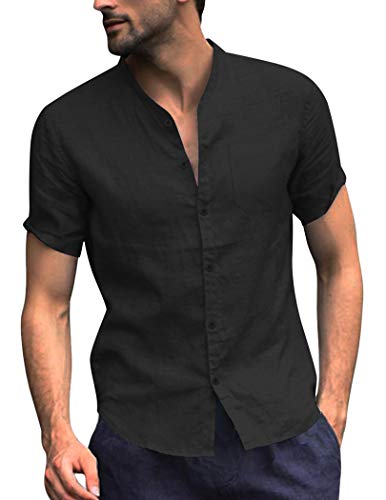 COOFANDY Men s Cotton Linen Button Down Shirt Lightweight Short Sleeve Shirt Casual Beach Tops Summer Shirt Black