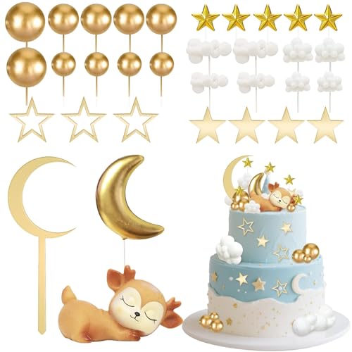 Decoracion de pastel de baby con 33 toppers tarta baby shower bautizo niño,decoración tarta infantil con luna,estrellas,nubes y ciervo,decoración tartas cumpleaños,baby shower decoracion revelacion