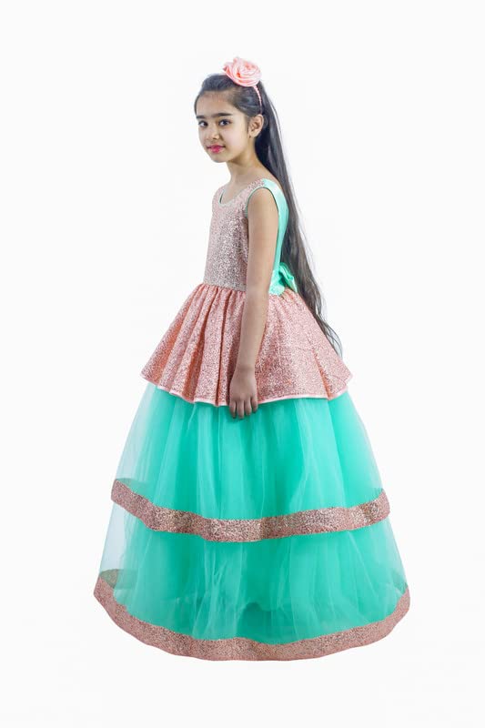 Image of Ripening Girls Sequin A-Line Layers Net Stylish Fit-and-Flare Ball Gown Multicolor Kids Dress 6-7 Year