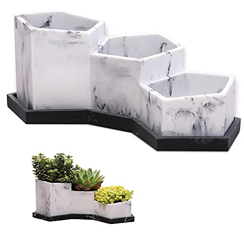 Lkkl Succulent Pot, Geometric Resin Planter Pot, Indoor Countertop Flower Pot With Drainage And Tray, Decorative Cactus Plant Pot For Home Office Windowsill Patio, White #TOP12