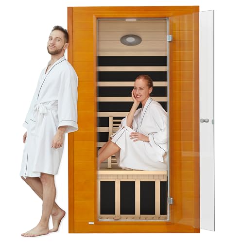 springspa Far Infrared Sauna for Home, Home Infrared Saunas up to 2 Person, Indoor Canadian Hemlock Wood Sauna Room with Near Zero Emf, 9 Chromo Therapy Lights, Bluetooth Speakers for Person