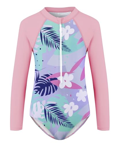 Image of Century Star UPF 50+ Girls Long Sleeve Swimsuit - Rash Guard Swimsuit Toddler Kids Teen One Piece Bathing Suit Zip 2-15Y