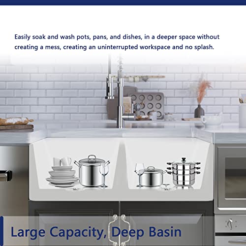 Double Bowl Kitchen Sinks, Deervalley Dv-1K503 Nova 33" L X 18" W Fireclay Farmhouse Sink, Reversible Apron Front White Kitchen Sinks #TOP7