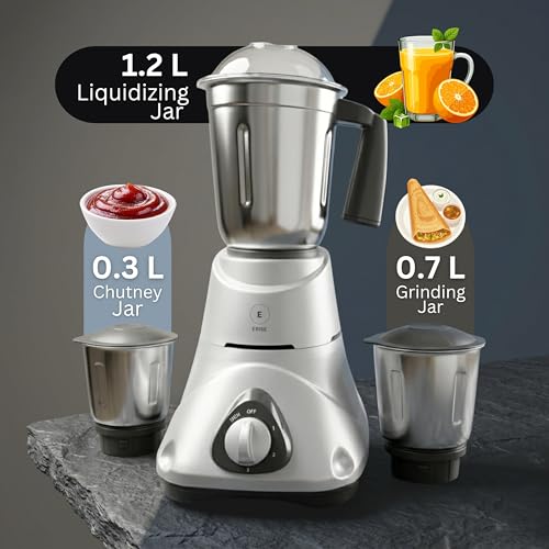 Image of ERISE ER 500 Mixer Grinder - 500W Powerful Motor with 3 Stainless Steel Jars | Silver Robust Design | Food Grade Safe, Overload Protection, Anti-Skid Feet | 2 Years Warranty (Wet & Dry Grinding)