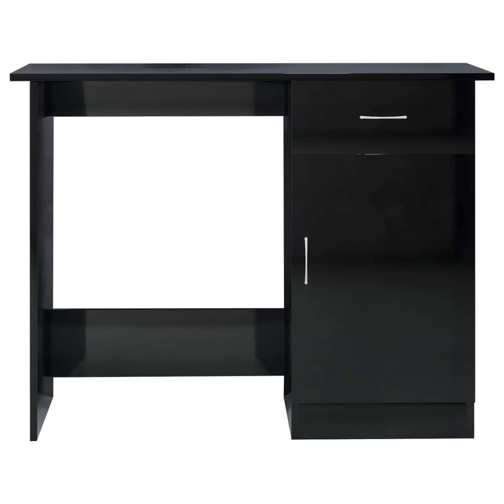 Schreibtisch Hochglanz-Schwarz aus Holzwerkstoff 100 x 50 x 76 cm mit Schublade und Tür, Computer Arbeit Laptop PC Tisch für Büro Homeoffice, Lernen Zocken Stauraum